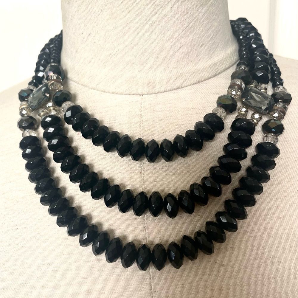 Black Multi Strand Rhinestone Statement Necklace - image 1